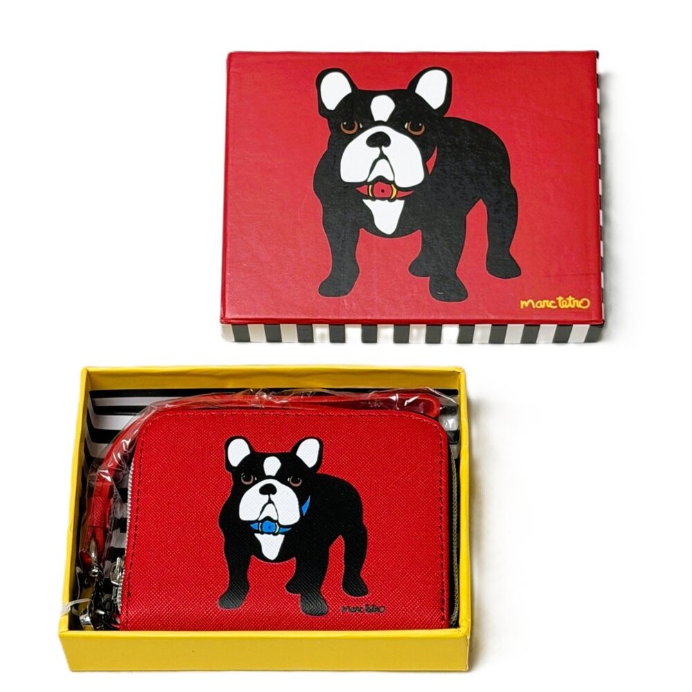 NWT Marc Tetro French Bulldog Red Zip Around Wallet Wristlet Coin Purse w/ Box